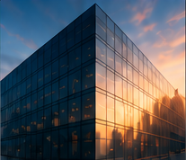 Office facade at sunset